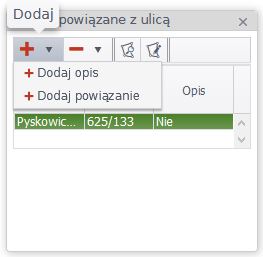 Widok okna działek powiązanych z ulicą z wyświetlonymi opcjami dodatkowymi